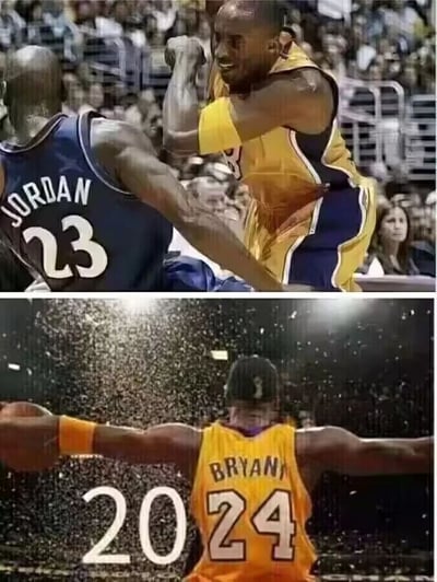 这是一张上下拼接的体育主题图片，上半部分截取了NBA赛场上两代传奇球星的交锋瞬间：身着23号深蓝色球衣的迈克尔·乔丹与身着洛杉矶湖人队黄色球衣的科比·布莱恩特在赛场对抗，画面充满了激烈的竞技感，展现了两位巨星之间的赛场互动；下半部分则是科比·布莱恩特2016年退役告别赛的经典画面，他身着24号湖人黄色球衣，双臂展开，正在进行自己职业生涯标志性的赛前撒镁粉动作，画面中的数字“20”对应他长达20年的NBA职业生涯，整组图片通过拼接的方式，既呈现了篮球界两代传奇的传承与交锋，也用退役瞬间纪念科比辉煌的职业生涯，饱含球迷对两位传奇球星的敬意与怀念。