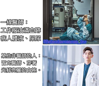 图片为左右对比结构，左侧文字描述“一线醫師：工作服沾满血跡 病人體液、屎尿”，配图为一位穿着绿色手术服、戴着手术帽的医生疲惫地靠墙坐在手术室地面，背景有医疗设备；右侧文字描述“某些非醫師的人：冒充醫師、穿著光鮮亮麗的白袍”，配图为一位穿着整洁白色医生袍、佩戴工作牌的人物站立。通过对比展现真实医生工作的艰辛与冒充者光鲜外表的反差，具有讽刺意味。