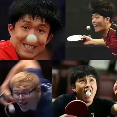 这是一张由四张乒乓球运动员赛场截图拼接而成的搞笑视觉错位图：<br>1. 左上角的王楚钦，乒乓球因错位恰好出现在鼻子位置，搭配他的表情显得滑稽；<br>2. 右上角的方博，持拍准备接球时，乒乓球在嘴边形成有趣的错位；<br>3. 左下角的波尔，比赛中乒乓球在脸前错位，和他的表情形成反差；<br>4. 右下角的张本智和，乒乓球错位看起来像是被他含在嘴里，画面荒诞又搞笑。整体将运动员专注比赛的瞬间转化为趣味表情包场景。