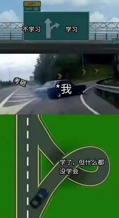 该梗图分为三格，用高速公路出口场景表现学生“学习”以及“考试”相关的困境。第一格的路牌分别写着“不学习”和“学习”，第二格有车辆激烈漂移（配字“考砸了”、“我”），表现考试结果不理想而突然想去学习的场景，第三格则恶搞地画出绕圈高速出口，配字“学了，但什么都没学会”，讽刺即使抱佛脚也于事无补。整体风格幽默自嘲，贴近学生群体，有无奈又搞笑的氛围。没有明显谐音梗或双关，但有自嘲和现实讽刺色彩。