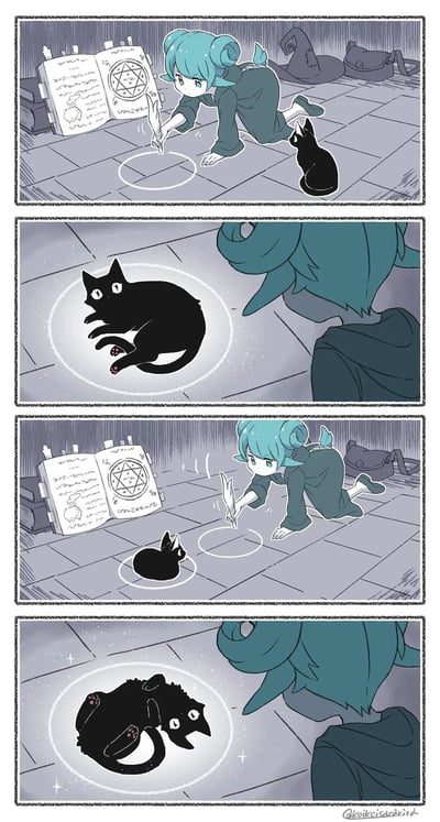 这是一组四格无对白卡通漫画，讲述了蓝发小魔女的搞笑魔法日常：第一格中，蓝发小魔女趴在地面，手持羽毛笔参照魔法书绘制召唤法阵，一旁的黑猫正好奇注视；第二格中，黑猫突然躺进刚画好的法阵，法阵生效后，法阵里的黑猫变成了两只叠在一起的样子；第三格中小魔女重新绘制法阵，还特意把黑猫放在法阵外的小圈里，避免它捣乱；第四格法阵再次生效，法阵内还是复制出了两只黑猫，乌龙的结局充满趣味。