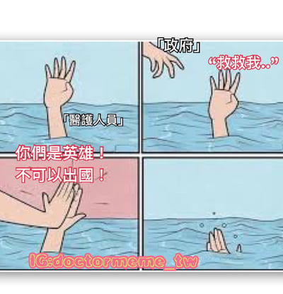 四格漫画通过手部动作和文字展现了一个讽刺场景：第一格中代表医护人员的手从水中伸出求救；第二格中代表政府的手伸向救援；第三格中出现阻挡的手并配文'你们是英雄！不可以出国！'；第四格中手沉入水中只剩气泡。漫画通过这种对比手法，暗示了某种政策矛盾。