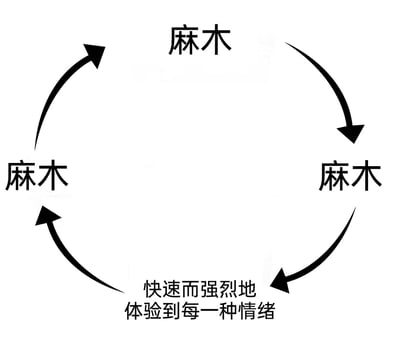 这是一张黑白静态的循环逻辑图，通过顺时针箭头将四个节点连接成闭环。其中三个节点标注为‘麻木’，一个节点标注为‘快速而强烈地体验到每一种情绪’。该图生动地描绘了一种情绪调节失衡的恶性循环：当个体快速且强烈地经历各类情绪冲击后，会陷入情绪麻木的状态，而麻木状态持续循环，又会再次触发强烈的情绪体验，如此往复，展现了情绪内耗下的心理困境，能够引发有类似情绪体验人群的共鸣。