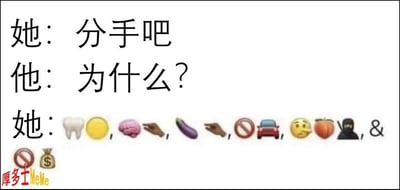 这是一张用emoji表达分手原因的搞笑梗图，女方用多个表情符号来形象表达男方在牙齿、金钱、智力、颜值、车子等多方面都“不行”，还带有强烈暗示性质，网友常用于吐槽或自嘲。图里以表情组合代替详细解释，有明显双关和暗示意义。适合年轻人群体在网络聊天、社交平台用来搞笑、讽刺及表达对某人的不满。