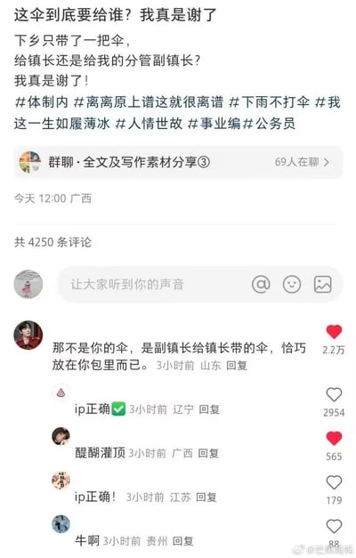 这是一张竖屏的社交媒体截图，内容呈现了一位体制内工作人员的职场困惑：下乡只带了一把伞，纠结要将伞给镇长还是分管副镇长，配文满是无奈，并附带了#体制内#人情世故等多个相关话题。评论区一条来自山东网友的高赞回复精准点破核心逻辑，称这把伞本质是副镇长给镇长带的，只是放在发帖人包里，该回复获得2.2万点赞，其他网友纷纷评论“ip正确”“醍醐灌顶”，引发了对体制内职场人情世故的共鸣与讨论。