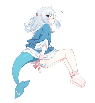 这是一幅二次元同人插画，描绘了hololive English的虚拟主播噶呜·古拉：她有着银白渐变蓝的头发，标志性的鲨鱼尾此刻自然垂着，手腕和脚踝被粉色丝带系住，侧身坐着，脸颊泛红，眼神躲闪，脸上带着害羞又窘迫的神情，旁边的省略号进一步烘托出她尴尬的状态，整体画风清新可爱。