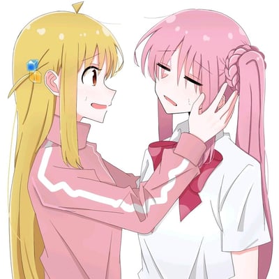 An anime-style illustration featuring two female characters in an emotional moment. The blonde-haired girl with a blue and orange hairpin gently touches the face of the pink-haired girl with a braided ponytail. Both characters have shy expressions with sweat drops, suggesting a tender or vulnerable interaction. The pink-haired girl has her eyes closed while leaning into the touch, and both have small heart accents in their hair, emphasizing the emotional tone.