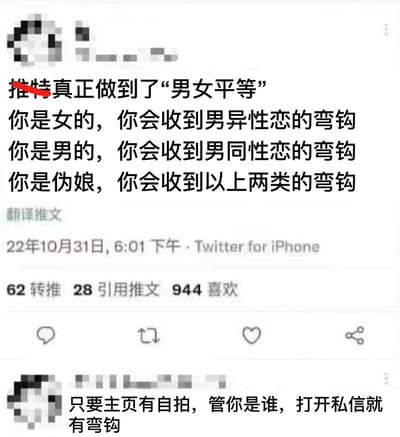 这是一张Twitter截图，内容是用户吐槽平台上的一种现象，称“推特真正做到了‘男女平等’”。具体内容描述不同性别身份的用户都会收到不同类型的骚扰私信：女性会收到男异性恋的“弯钩”，男性会收到男同性恋的“弯钩”，伪娘则会收到以上两类的“弯钩”。下方还有一条评论补充道：“只要主页有自拍，管你是谁，打开私信就有弯钩”。图片展示了该推文的互动数据：62转推、28引用推文和944个喜欢。