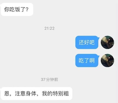 这是一张聊天记录截图，展示了一段深夜对话。对方首先询问“你吃饭了？”，时间显示为21:22；随后自己回复“还好吧”和“吃了啊”，两条消息均带有相同的真人低头头像；最后对方回应“恩，注意身体，我的特别粗”，发送时间为37分钟前。
最后一句“我的特别粗”存在明显的双关暗示，表面看似关心，实则带有调侃意味，形成对话中的幽默转折。