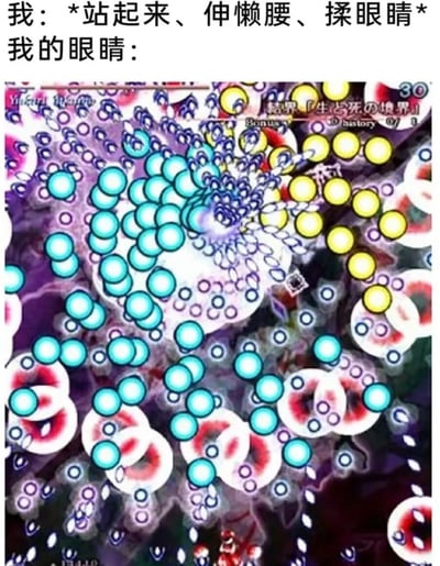 这是一张网络流行的吐槽类梗图，顶部配有中文文字“我：*站起来、伸懒腰、揉眼睛* 我的眼睛：”，下方搭配的是东方Project系列弹幕游戏中满屏密集杂乱的彩色弹幕画面，用游戏里满屏弹幕让人眼花缭乱的效果，夸张且形象地类比了人长时间用眼疲劳后，突然起身揉眼睛时眼前出现大量光斑、视线模糊不清的生理感受，很容易引发有类似体验的网友的共鸣，搞笑效果十足。