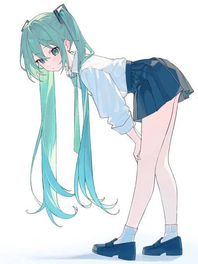 这是一幅以虚拟歌手初音未来为主题的同人插画，初音未来保留了标志性的薄荷绿双马尾造型，身着白衬衫搭配薄荷绿领带、深蓝色百褶裙的校园风套装，正俯身弯腰，双手置于膝盖附近，身体前倾，脸颊带着淡淡的红晕，眼神懵懂地看向镜头，整体画风清新柔和，充满青涩可爱的氛围。图中不存在双关、谐音梗或暗示类内容。