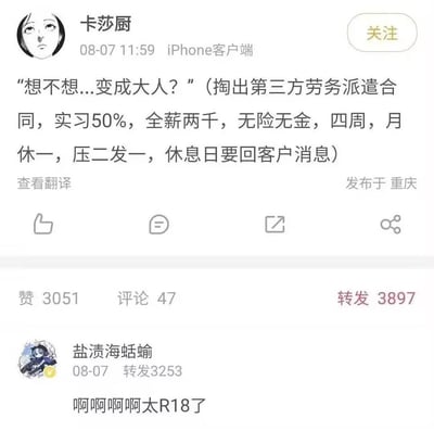 这是一张社交平台的截图，内容是对劳务派遣实习合同的“变成大人”调侃。主帖以“想不想...变成大人？”开头，接着列出了各种真实而令人无奈的派遣、实习工条件：工资低，没保险，休息少还要工作，像是在嘲讽成年人的生活压力。下面的热门评论则用“啊啊啊啊太R18了”进行了谐音和双关调侃，这里的“R18”原本指代限制级内容，被网友用于形容成长后的“成年生活”过于沉重、让人难以接受，拥有网络梗的幽默反转效果。

双关暗示：本图重点在于“变成大人=R18”，既有成年世俗生活的现实压力，也有网络用语的调侃，不涉及情色，纯为社会讽刺。