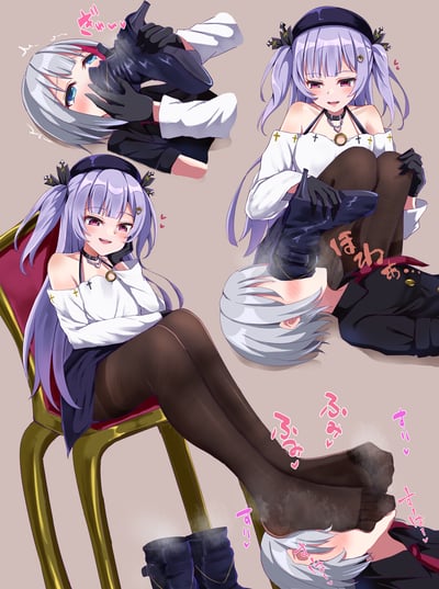 这是一张由三个分镜组成的二次元同人连环插画，描绘了《少女前线》中HK416的两个不同形态的百合向互动：
1. **左上分镜**：银发蓝眼的HK416被对方戴着黑手套的双手捂住脸，脸颊通红，眼神慌乱，旁边的日文拟声词「ギュッ」表现出被紧紧捂住的窘迫感，角色显得害羞又无措。
2. **右上分镜**：紫发红眼的HK416露出愉悦的笑容，将穿着靴子的脚踩在银发HK416的脸上，被踩的角色脸颊泛红，旁边的「ほむぅ…」拟声词传递出暧昧又带有压迫感的氛围。
3. **左下分镜**：紫发HK416坐在椅子上，脱下靴子后露出带有汗湿痕迹的丝袜脚，将脚放在银发HK416的脸部上方，被捉弄的角色发出「ふなふな」「すぅーすぅー」「はにー」这类表现出难受又害羞的声音，整体场景充满了戏谑的暧昧感。