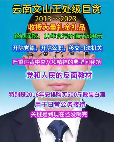 这是一张网友制作的讽刺类梗图，以一位云南文山正处级官员的政务证件照为底图，叠加了多色吐槽文字。图中用“正处级巨贪”的夸张头衔，搭配10年贪腐仅76500元的小额金额，以及“2016年买500斤散装白酒用于公务接待至今没喝完”的细节，形成强烈反差感，用小题大做的表述方式制造搞笑效果，讽刺这类通报表述的违和感。图中文字存在笔误“问我题”，应为“问题”。