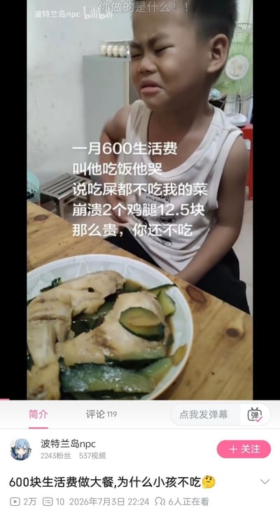 这是一张B站视频截图，整体为竖屏格式，画面上半部分是一个穿着白色背心的小男孩，正露出嫌弃委屈快要哭出来的表情坐在木桌旁，画面下半部分是摆放在木桌上的一盘鸡腿炒黄瓜菜品，菜品上方叠加了白色吐槽文字，描述家长花12.5块买了两个鸡腿做菜，孩子却嫌难吃宁愿吃屎都不肯吃，家长一月只有600生活费觉得非常崩溃，画面顶部还有“你做的是什么！！”的质问文字，底部露出B站的视频界面，显示该视频由UP主波特兰岛npc发布，标题为“600块生活费做大餐,为什么小孩不吃”，因为过于离谱的鸡腿炒黄瓜搭配和孩子的嫌弃反应形成强烈反差，非常有笑点。