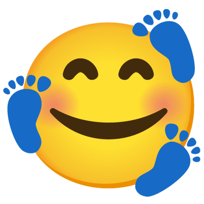 这是一张经过P图改编的静态表情包，主体是经典的黄色圆脸笑脸emoji，双眼弯成月牙状，嘴角上扬露出开心的笑容，脸颊带着淡淡的红晕，还被添加了蓝色的手脚，手脚做出挥动、蜷缩的姿态，仿佛在开心地打滚，整体传递出非常兴奋、愉悦的情绪，图中没有双关、谐音梗或暗示内容。