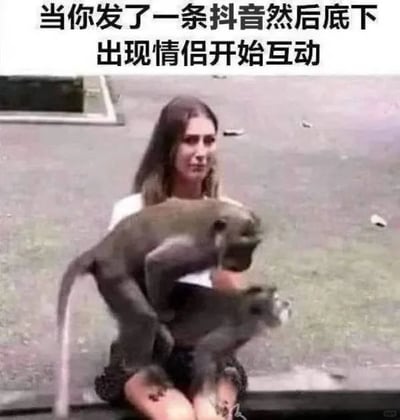 这是一张文字加注的静态梗图，图上方配有文字“当你发了一条抖音然后底下出现情侣开始互动”，画面主体是一位坐在户外的女性，两只猴子环绕在她的身前和身上，她的脸上露出无奈、尴尬又略带嫌弃的神情。这张图用女性被猴子环绕的窘迫画面，比喻用户在抖音发布动态后，评论区被情侣的互动内容刷屏，自己作为旁观者陷入尴尬、无语的处境，精准戳中了不想看情侣互动的网友的情绪，是对社交媒体评论区相关现象的调侃。