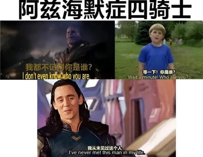 这是一张以“阿兹海默症四骑士”为主题的多图拼接梗图，通过三个不同来源的截图，用幽默的方式调侃阿兹海默症患者认不出他人的典型症状。图片分为三个区域：左上是漫威电影《复仇者联盟》中的角色灭霸，配文“我都不记得你是谁？I don’t even know who you are.”；右上是一张网络流行梗图里的外国小男孩，站在户外草坪上，配文“等一下！你是谁？Wait a minute! Who are you?”；左下是漫威电影《雷神》《复仇者联盟》系列中的角色洛基，配文“我从未见过这个人I’ve never met this man in my life.”。三个角色的台词都围绕“认不出人”展开，对应阿兹海默症的症状，将这些经典场景和台词重新组合，形成搞笑的玩梗效果，让观众在熟悉的影视和梗图内容中理解主题，增添趣味性。