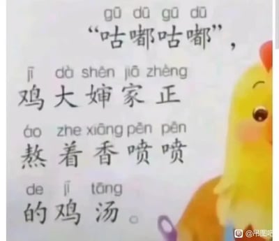 整张图是幼儿识字绘本的截取内容，画面右侧露出半只黄色的卡通小鸡形象，左侧是标注了汉语拼音的文字，内容为“咕嘟咕嘟，鸡大婶家正熬着香喷喷的鸡汤”。内容本身存在逻辑反差，作为鸡的鸡大婶熬煮同类做成的鸡汤，形成了黑色幽默效果，被网友当作梗图传播。