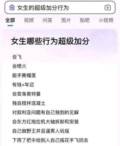 这是一张竖屏手机格式的百度网页UI静态截图，页面顶部是百度搜索栏，搜索关键词为“女生的超级加分行为”，下方导航栏有“全部、视频、问答、图片、贴吧、小视频”选项，当前选中“全部”。页面主体是标题“女生哪些行为超级加分”，下方列出了一系列完全脱离常规认知的无厘头内容，包括：会飞、会喷火、能手撕榴莲、有钱+年迈、会变身奥特曼、独自搅拌混凝土、对叙利亚问题有自己独到的见解、会东方红拖拉机大轴拆卸和安装、自己做野王并且逼男人玩瑶、下雨了把伞给别人自己摇花手飞回去。这些内容以夸张、荒诞的反差感制造幽默，调侃了常规的“女生加分行为”话题，属于网友创作的整活类搞笑段子。