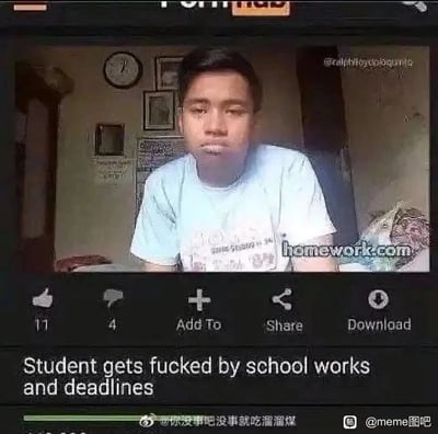 这是一张来自国外视频平台的视频截图，画面主体是一名居家的学生，他面容憔悴、眼神无光，满脸都是沮丧和生无可恋的神情，生动呈现出被学业压垮的状态。画面右侧标注有“homework.com”字样，下方是视频的互动按钮栏，包含11个点赞、4个点踩、添加、分享、下载按钮，底部配文“Student gets fucked by school works and deadlines”，直白地吐槽学生被海量作业和截止日期折磨的崩溃处境，是能够引发学生群体共鸣的搞笑meme素材。