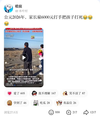 这是一张X社交平台的用户发帖截图，发布者昵称为“皓宸”，个人定位标注为“木叶村”，头像是卡通动漫人物。发布文案为“公元2026年，家长雇6000元打手把孩子打死”并搭配多个笑哭表情，文案下方附着一段搜狐新闻的短视频截图，该视频是真实社会新闻报道，内容为甘肃嘉峪关市一名14岁初中生马超，家长因孩子表现不佳支付6000元委托他人“管教”孩子，最终孩子被殴打致死，涉事主犯被法院判处死缓。帖子下方设有“爱了”“我不理解”“笑不活了”等多个互动表情选项，还显示该帖浏览量达27.0万，点赞数959，评论数217，转发数1217。