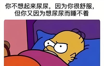 这是一张基于《辛普森一家》角色Homer Simpson制作的搞笑梗图。画面中Homer躺在床上，眉头紧锁，眼睛瞪得很大，表情充满烦躁与纠结。上方文字描述了一个许多人都有过的日常困境：因为感觉太舒服而不想起床尿尿，但同时又因为憋尿而无法入睡的矛盾心理。图中没有双关、谐音梗或暗示内容，纯粹通过夸张的表情和生活化的文字引发共鸣。