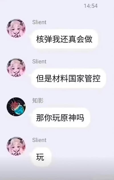 一张聊天记录截图，展示了两位用户的有趣对话。用户"Slient"先是语出惊人地表示"核弹我还真会做"，随后又补充"但是材料国家管控"，形成了强烈的反差幽默。另一位用户"知影"则巧妙地将话题转移，询问"那你玩原神吗"，而"Slient"简单回复"玩"。整个对话通过夸张的反差制造了搞笑效果，体现了网络聊天中常见的幽默表达方式。