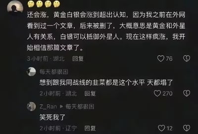 这是一张竖屏手机格式的社交媒体评论截图，内容围绕黄金白银涨价展开：一位湖北网友发言称黄金白银会涨到超出认知，自己之前在外网看到一篇已被删除的文章，声称黄金和外星人有关、白银可以抵御外星人，如今的涨价行情让自己开始相信这篇离谱文章；随后另一位湖北网友“每天都很困”回复吐槽“想到跟我同战线的韭菜都是这个水平 天都塌了”，表达出对同阵营投资者荒诞言论的无奈；辽宁网友“Z_Ran”则以“笑死我了”回应该吐槽，整个对话通过荒诞言论与真实吐槽的反差制造出强烈的搞笑效果。