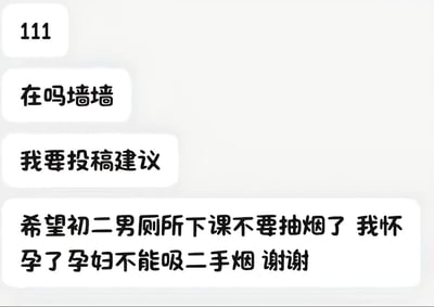 这是一张聊天记录形式的投稿截图，内容为匿名用户向校园表白墙账号发送的投稿信息，用户先发送打招呼内容表明要投稿建议，随后说明投稿诉求为希望初二男生不要在下课时段到男厕所抽烟，自称是怀孕的孕妇不能吸入二手烟，请求对方配合。该内容因存在明显的逻辑反差，初中校园场景中出现孕妇身份的投稿人不符合常规认知，具有很强的离谱、搞笑的传播效果。