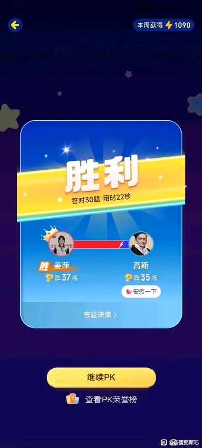 这是一张答题PK类小游戏的胜利结算竖屏截图，界面顶部显示“胜利”字样，标注答对30题仅用时22秒。获胜方为用户“姜萍”，胜场37场，头像带有皇冠标识；对手是著名数学家“高斯”，胜场35场。界面右上角显示本周获得1090个游戏货币，下方有“继续PK”“答题详情”“查看PK荣誉榜”等操作按钮，右下角有贴吧水印。
这张图的趣味点在于制造了反差：让现实中的答题高手姜萍在答题游戏中战胜数学大师高斯，用游戏的形式玩出了跨界PK的搞笑效果。