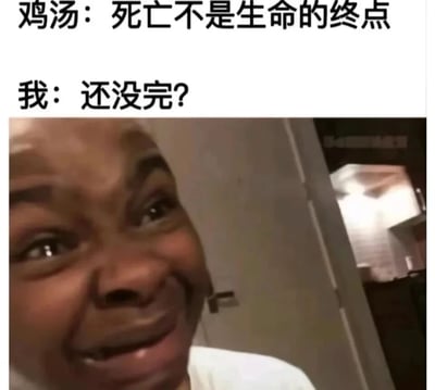 这张梗图上方是常见的鸡汤文："死亡不是生命的终点"，下方则是一个人物的面部特写，配合文字"我：还没完？"。通过将严肃的鸡汤语录与人物夸张困惑的表情结合，形成了幽默的反差效果，表达了对过度鸡汤化内容的调侃和戏谑。