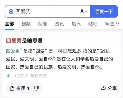 这是一张百度搜索结果页面的截图，用户搜索了“四爱男”这一关键词。页面显示了搜索框、导航栏以及一条主要搜索结果，内容解释了“四爱男”指的是“爱国、爱民、爱文明、爱自然”的思想观念。