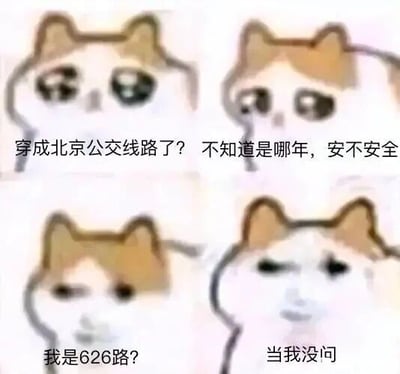 这是一张由四张网络流行悲伤小猫表情包拼接而成的连环梗图，采用剧场式图文混排的形式。图中以拟人化的小猫作为主角，先表现出“穿成北京公交线路后，担忧所处年份与线路安全性”的迷茫与不安；随后在疑惑思索后确认自己是626路，立刻露出无奈的神情并表示“当我没问”，通过表情从担忧到无奈的反差，形成无厘头的自嘲效果，暗示北京626路可能存在让使用者默认“不安全”的相关认知，以此制造搞笑梗点。