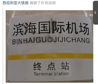 这是一张社交媒体截图，整体内容是一块自制的车站站牌贴纸：站牌上方印有中文站名“滨海国际机场”，下方将站名全拼连写为错误的“BINHAIGUOJIJICHANG”，没有按照拼音规则分开拼写；中间有一条黄色分隔横条，横条下方印有中文“终点站”和英文“Terminal Station”，英文存在轻微拼写瑕疵。截图顶部显示该内容由用户“西伯利亚大铁路”发布并编辑了补充说明，截图右上角露出部分其他用户昵称“马哥”。