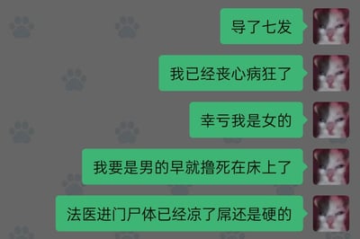 这是一张幽默搞笑的表情包图片，背景为灰色并带有猫爪印图案。图片右侧有五张相同的委屈猫表情包，每张表情包左侧对应一个绿色对话框，里面包含递进式的搞笑文字："导了七发"、"我已经丧心病狂了"、"幸亏我是女的"、"我要是男的早就撸死在床上了"、"法医进门尸体已经凉了屌还是硬的"。通过夸张的语言和可爱的猫咪表情形成反差萌，表达对猫咪的喜爱之情。
