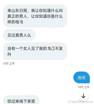 这是一张网络聊天记录的截图，内容是一名男子自称来自山东日照，夸耀自己是真男人并进行露骨挑逗，甚至自信自己的身体条件。对方则冷静回应“图呢”，暗示对方空口无凭，并用下载箭头表情调侃对话气氛。整张图带有戏谑、调侃和无厘头的网络氛围。涉及暗示和双关话语，突出对话中自夸与现实反击的搞笑反差。