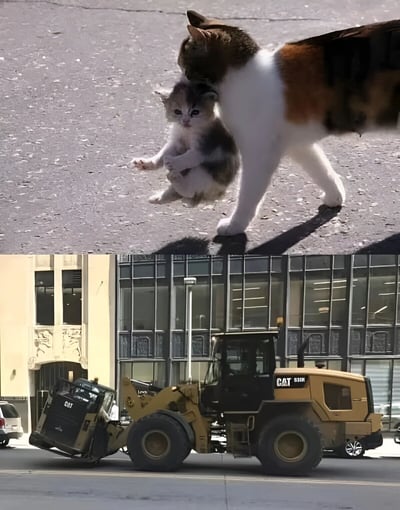上下对比图，上半部分是一只成年猫叼着小猫的温馨画面，下半部分是一台黄色的CAT品牌推土机。通过"CAT"一词的双关（猫和卡特彼勒工程机械品牌）制造幽默效果。