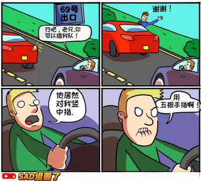 这是一幅四格搞笑卡通漫画，剧情为：第一格场景是高速公路69号出口路段，驾驶紫色车辆的金发男子同意前方红色车辆插到自己前面；第二格红色车辆的司机探出身对着后方挥手道谢后驾车离开；第三格紫色车的司机面露震惊，误以为对方是在对自己竖中指表达恶意；第四格他才反应过来对方挥的是完整的五根手指，是在道谢而非挑衅，整体用反差笑点讽刺了人下意识恶意解读他人善意的心态。