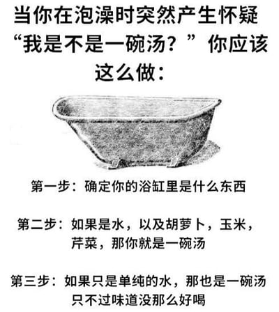 图片以幽默调侃的语气，针对“泡澡时突然怀疑自己是不是一碗汤”的荒诞想法提供了“三步指南”。上方文字引出核心疑问，中间是一个浴缸的线稿插图，下方分步骤“一本正经”地给出判断逻辑：先确定浴缸内容物，若有水和胡萝卜、玉米、芹菜则是汤，若只有水也还是汤（只是味道较差）。通过将泡澡场景与“汤”的概念强行关联，制造出无厘头的搞笑效果。