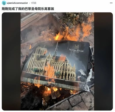 一张幽默讽刺类图片，展示了一个巴黎圣母院乐高套装的盒子被火焰包围的场景。图片上方配有文字"刚刚完成了我的巴黎圣母院乐高套装"，形成了强烈的反差幽默。这种设计明显是在调侃2019年巴黎圣母院真实发生的火灾事件，通过乐高玩具这一儿童友好型产品与火灾场景的不协调组合制造笑点。