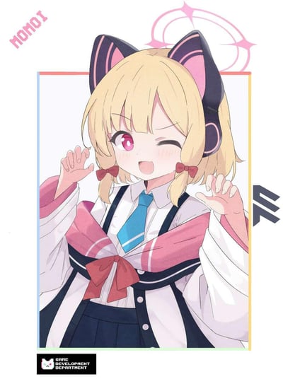 这是一张手游《蔚蓝档案》角色才羽萌衣的同人插画，角色戴着猫耳造型的耳机，扎着系有红色蝴蝶结的双马尾小辫，身着带有学院风格的制服，做出猫咪的爪爪手势，一只眼睛wink，嘴巴张开露齿，脸颊带着红晕，表情活泼又害羞，尽显可爱卖萌的姿态。画面带有彩色边框，左上角标注了角色英文名“MOMOI”，底部有“GAME DEVELOPMENT DEPARTMENT”的文字标识，右侧还有游戏相关的符号。