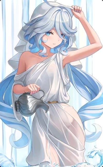 这是一张AI生成的二次元同人插画，主角是游戏《原神》中的水之神芙宁娜。她披着单肩的浅色浴袍式布料，头上裹着毛巾，一只手扶住头上的毛巾，另一只手握着银壶正在倒水，背景是浅蓝的幕布，营造出沐浴后慵懒闲适的清新氛围，角色的蓝白色卷发和柔和的神态让画面显得温柔治愈。