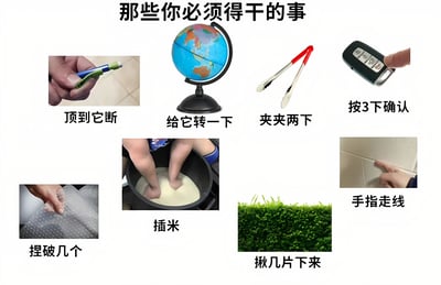 这是一张展示人类常见无法抗拒行为的搞笑图片合集，标题为“那些你必须得干的事”。图片包含八个不同场景，每个场景都展示了一种人们常常忍不住想要做的小事：用手把笔顶到断、转动地球仪、用夹子夹两下、按遥控器三次确认、捏破气泡膜、把脚插进米里、从树篱上揪几片叶子下来，以及用手指沿着墙壁缝隙走线。这些行为虽然没有实际意义，但很多人都会不由自主地去做，引发观众共鸣和幽默感。