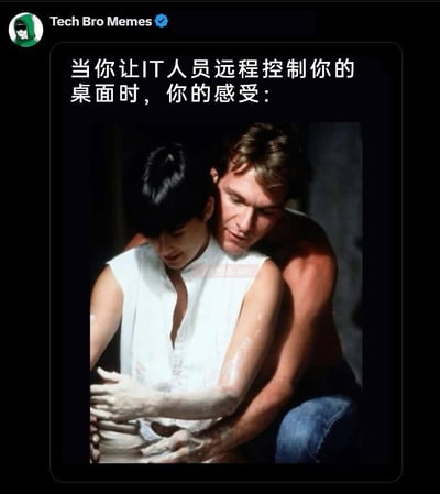 这是一张社交媒体上的搞笑梗图，顶部带有“Tech Bro Memes”的账号标识，配文为“当你让IT人员远程控制你的桌面时，你的感受：”，下方是经典爱情电影《人鬼情未了》中的制陶名场面截图：男性从身后环抱住女性，双手覆盖在女性的手上，共同操作陶轮制作陶器。原本充满浪漫亲密氛围的影视场景，被用来比喻当IT人员远程操控自己电脑时，用户失去对电脑操作主导权，仿佛自己的双手被“接管”的微妙又略带尴尬的感受，用大众熟知的经典画面来调侃职场中的远程协助体验，生动又形象，容易引发共鸣。