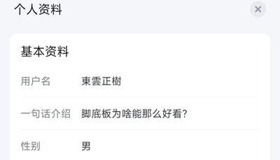 这是一张APP个人资料页面的截图，页面展示了用户的基本资料板块，包含三项信息：用户名为繁体的“東雲正樹”（对应简体为东云正树），一句话介绍是带有好奇调侃语气的“脚底板为啥能那么好看？”，性别标注为男。该个人资料的签名内容比较有趣，是用户提出的一个无厘头的疑问，没有双关、谐音梗或其他暗示内容。