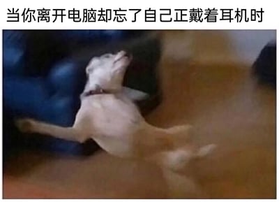 这是一张趣味表情包，上方配文“当你离开电脑却忘了自己正戴着耳机时”，图中是一只被拉扯着身体后仰、四肢伸展的狗狗，它的姿态精准还原了人们戴着耳机却忘记摘下，起身离开电脑时被耳机线拽住，瞬间失去平衡、被拉扯的狼狈又社死的场景，用狗狗的搞笑画面来调侃这种日常中常见的尴尬时刻，生动形象，容易引发共鸣。