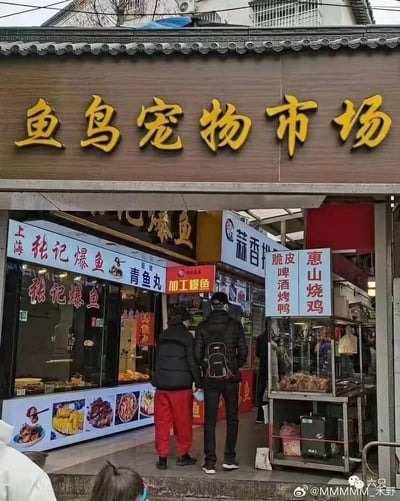 这张图拍摄了一处名为“鱼鸟宠物市场”的场所，但内部却完全是售卖熟食的店铺聚集地，包括上海张记爆鱼、惠山烧鸡、脆皮啤酒烤鸭等多家小吃摊位，有顾客正在摊位前驻足选购。
这个场景的趣味点在于“宠物市场”的招牌与实际的美食集市内容完全不符，形成了强烈的错位反差，让人觉得新奇又好笑。