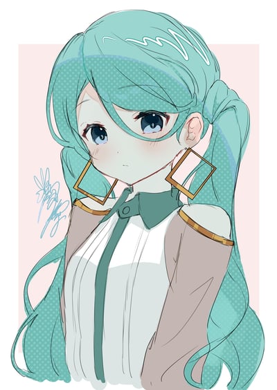 这是一幅虚拟偶像初音未来的原创同人插画，画面中的初音未来保留了标志性的薄荷绿双马尾发型，搭配简约的方形大耳环，身着带有深绿色领结的精致服饰，脸颊晕着淡淡的红晕，眼神柔和沉静，整体画风清新简约，线条流畅，给人温柔内敛的感觉。