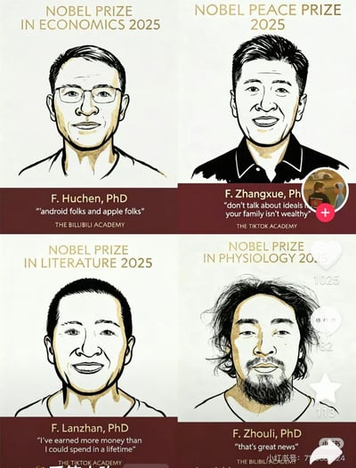 这是一张四格拼接的恶搞图，模仿诺贝尔奖颁奖海报的形式，给四位国内知名网络红人颁发虚构的2025年诺贝尔奖：
1. 左上角：给胡锡进（F. Huchen, PhD）颁发诺贝尔经济学奖，归属“B站学院”，恶搞名言“android folks and apple folks”；
2. 右上角：给张雪峰（F. Zhangxue, PhD）颁发诺贝尔和平奖，归属“TikTok学院”，引用他的经典言论“don't talk about ideals if your family isn't wealthy”（家庭条件不好别谈理想）；
3. 左下角：给曾发表“赚的钱一辈子花不完”的网红（F. Lanzhan, PhD）颁发诺贝尔文学奖，归属“TikTok学院”；
4. 右下角：给周立波（F. Zhouli, PhD）颁发诺贝尔生理学或医学奖，归属“B站学院”，恶搞名言“that's great news”。
图中用卡通线稿风格绘制人物，结合网红的标志性言论进行玩梗，充满讽刺和搞笑的意味。